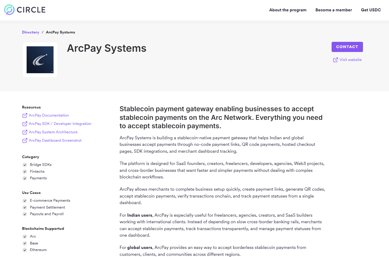 ArcPay listed in the Circle Alliance Directory.