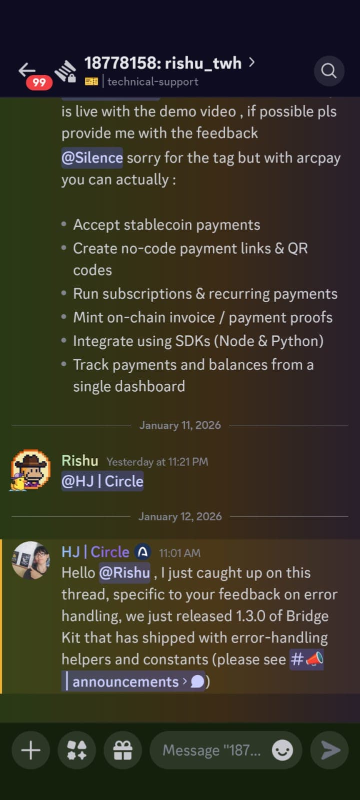 Circle acknowledged my error-handling feedback in the Bridge Kit 1.3.0 release notes and helpers.