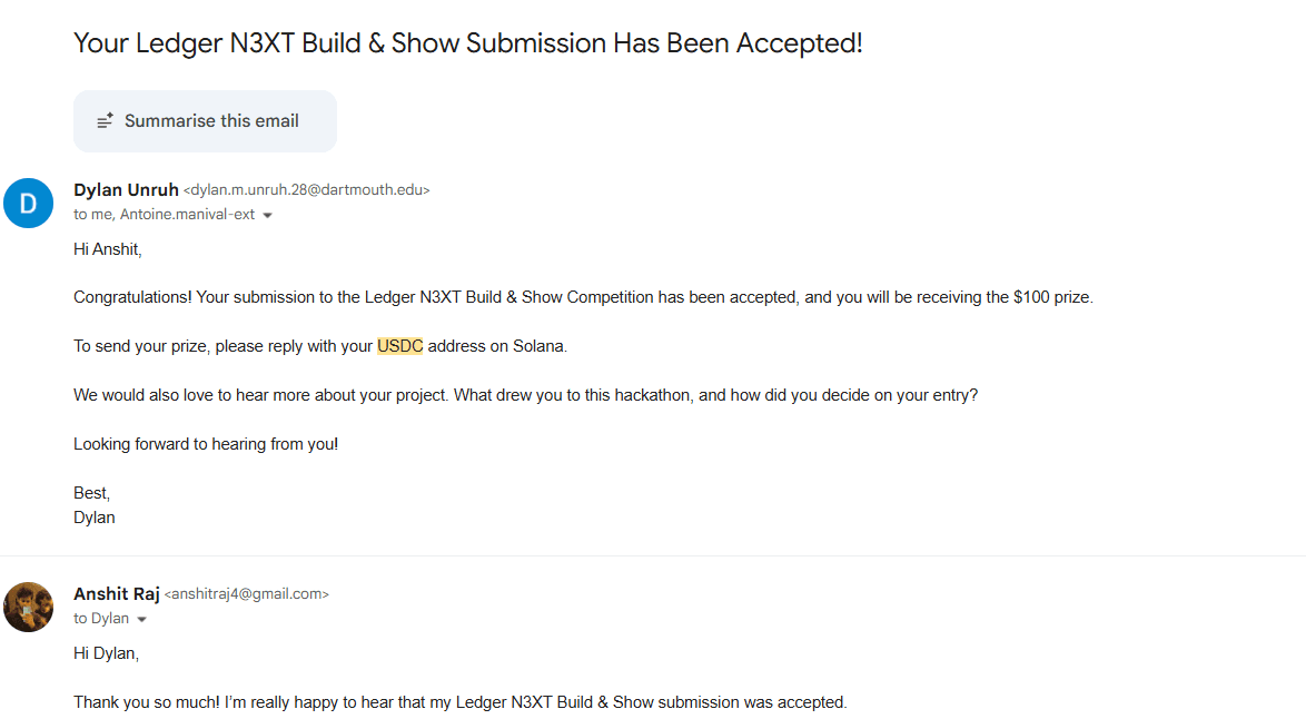 Ledger N3XT Build & Show submission accepted — $100 USDC prize confirmed by the programme team.
