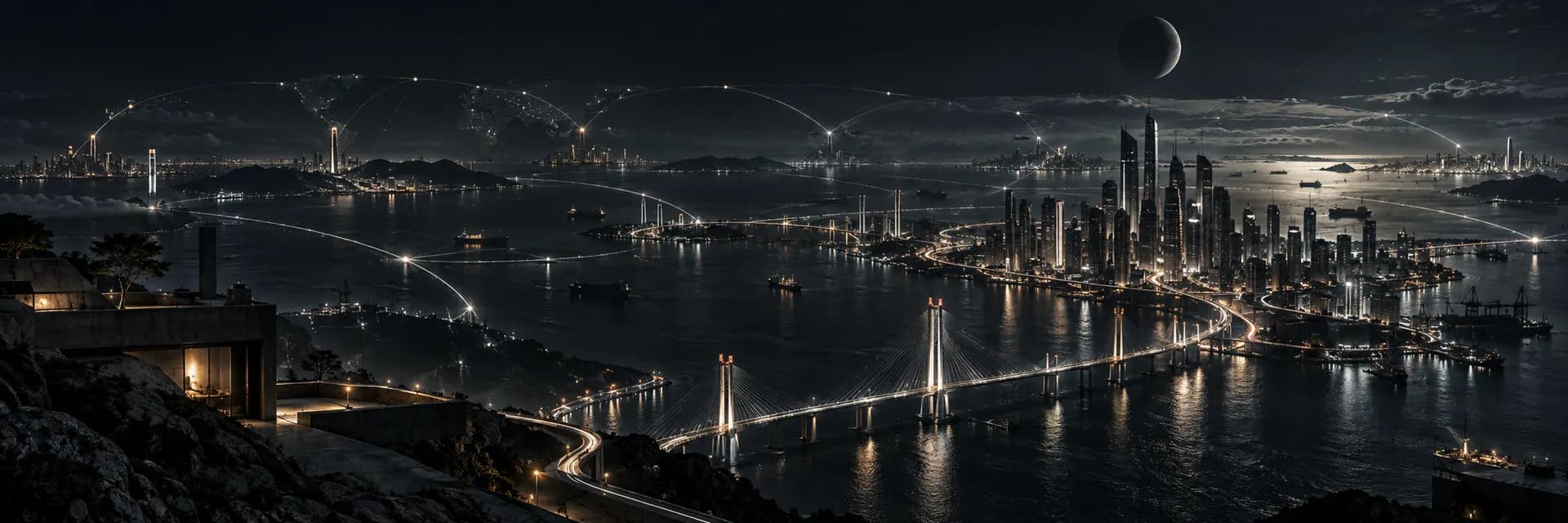 A moonlit financial city connected by global payment rails